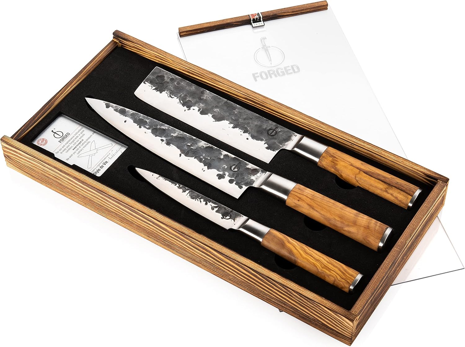Forged 3-teilig: Kochmesser, Gemüsemesser, Allzweckmesser, in Holzkiste