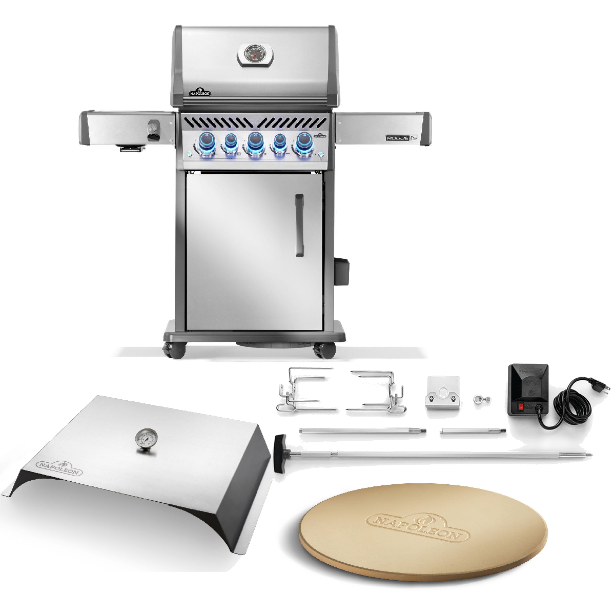 Napoleon Gasgrill Rogue PRO-S 425 mit Edelstahl Rosten, Edelstahl Modell 2025 inkl. Drehspieß, Pizzastein und Pizzacover
