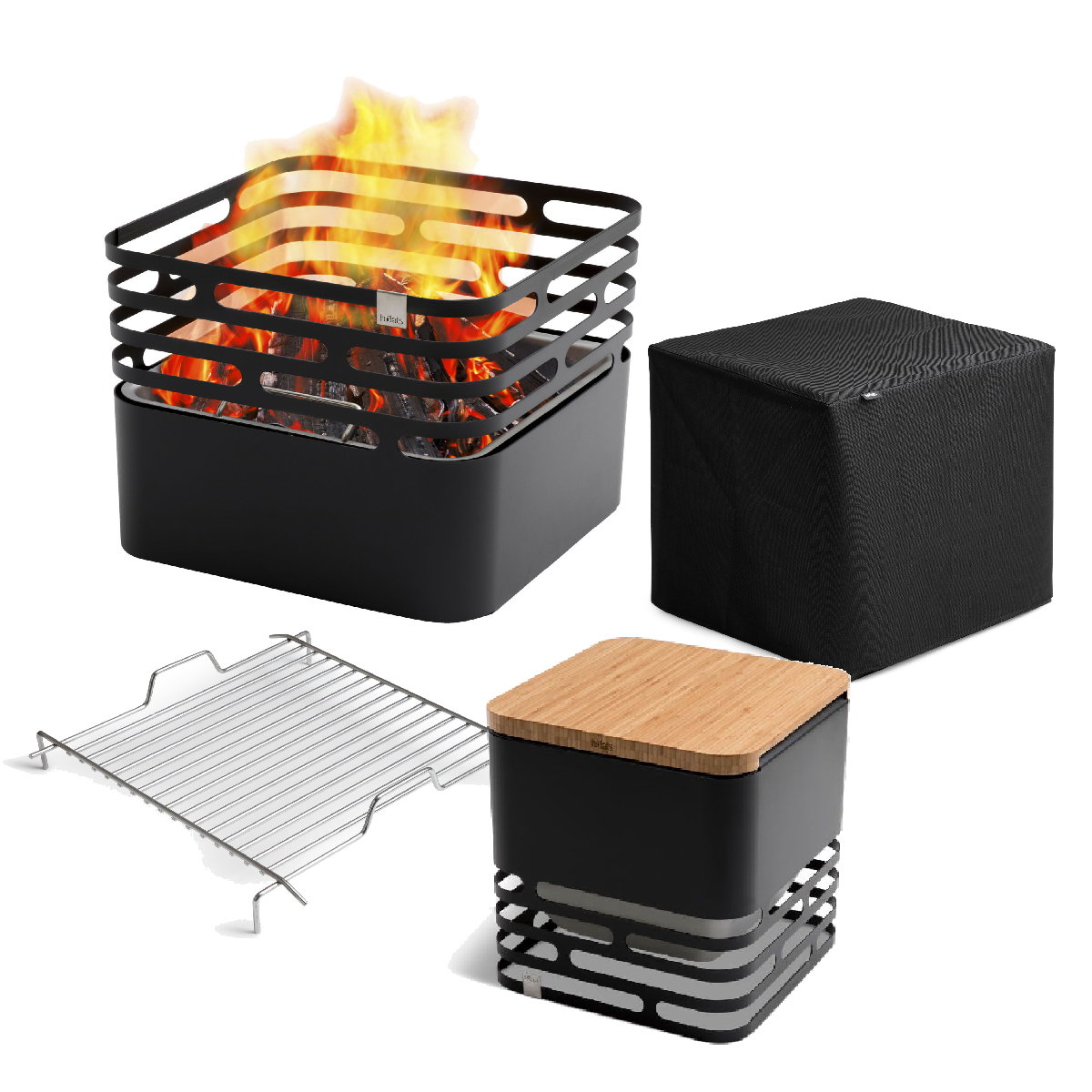 CUBE Feuerkorb schwarz inkl. Auflagebrett, Grillrost und Abdeckhaube
