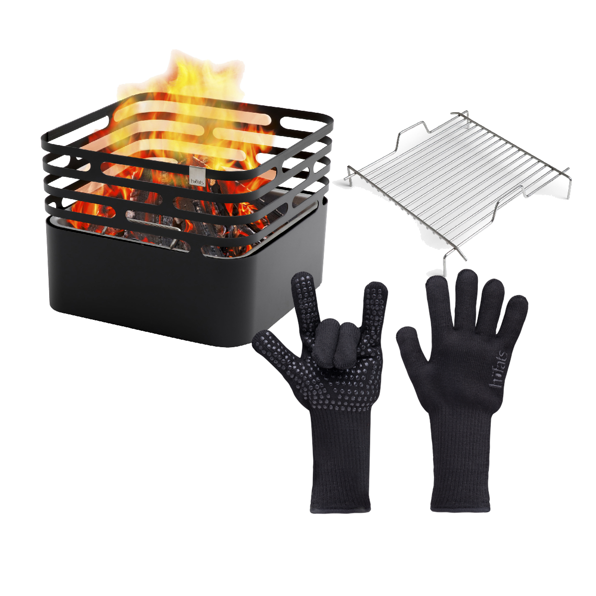 CUBE Feuerkorb schwarz inkl. Grillrost und Feuerhandschuhe Aramid