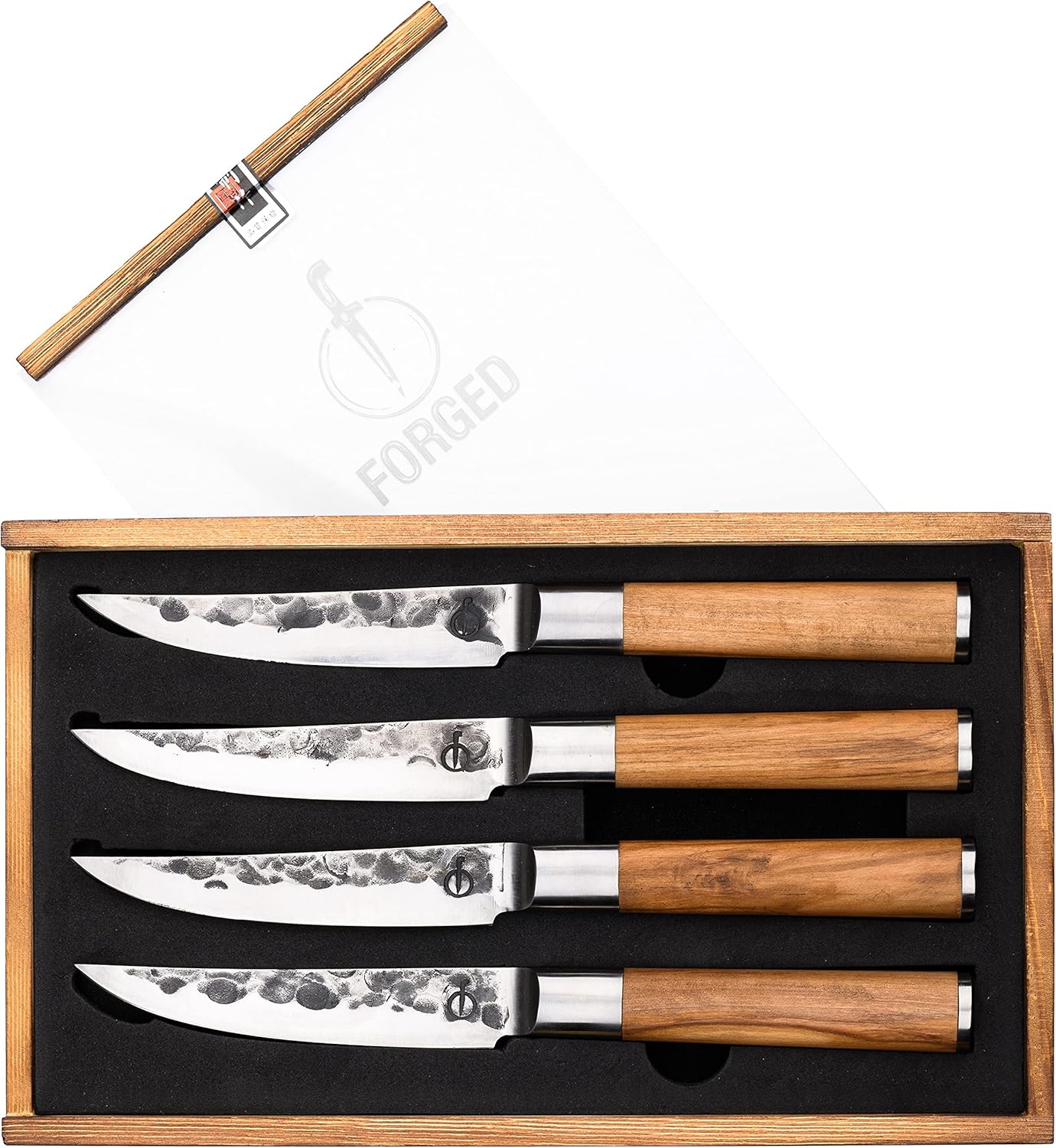 Forged Olive Steakmesser, 4-teilig, handgefertigt, in Holzkiste