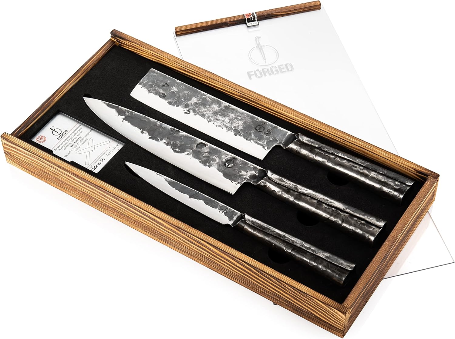 Forged Messerset 3-teilig: Kochmesser, Gemüsemesser, Hackbeil in Holzkiste